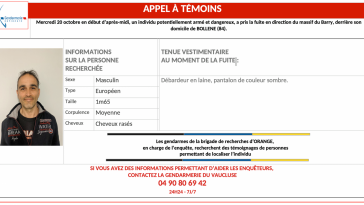 Individu recherché dans le Vaucluse.